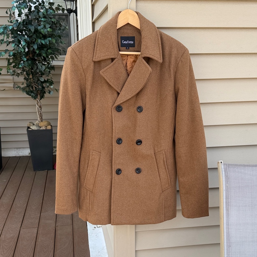 chouyatou Men's Classic Notched Collar Double Breasted Wool Blend Pea Coat